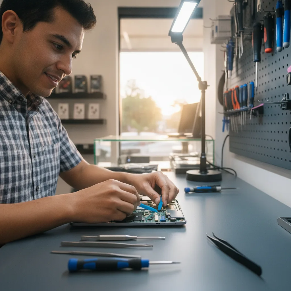 A friendly technician at FIXSTORY examining a laptop at the repair counter.