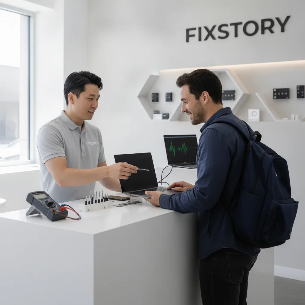 A smiling customer receiving their repaired laptop over the counter at FIXSTORY.