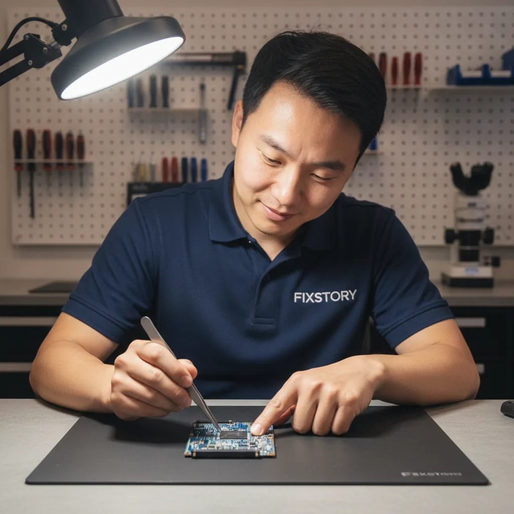 A photo of an SSD circuit board with a technician pointing to the controller chip with a specialized