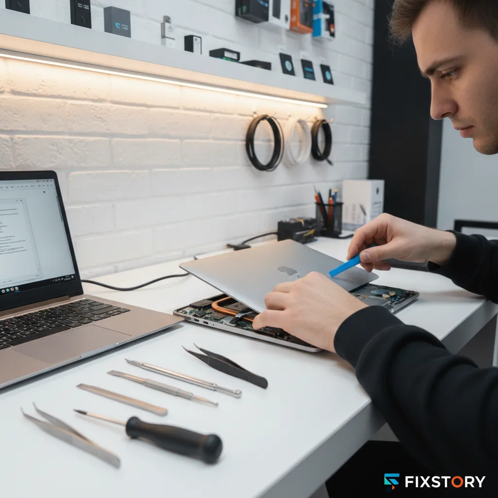 A clean workbench at FIXSTORY with a laptop open and specialized data recovery tools nearby.