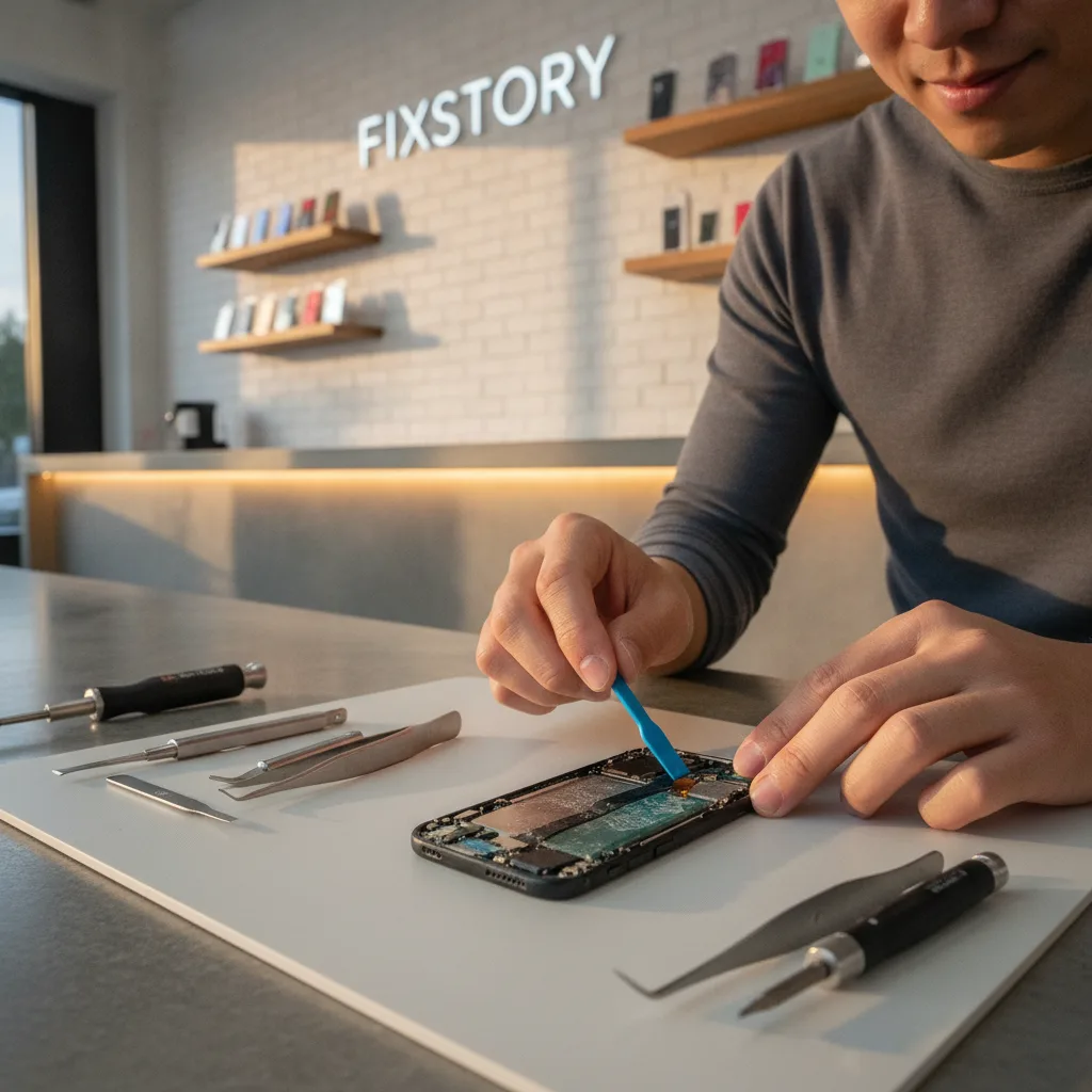 The inside of the FIXSTORY shop, with a technician carefully disassembling a water-damaged iPhone on
