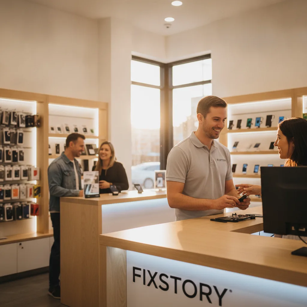 The FIXSTORY storefront in Downtown LA, with a friendly technician at the counter talking to a custo