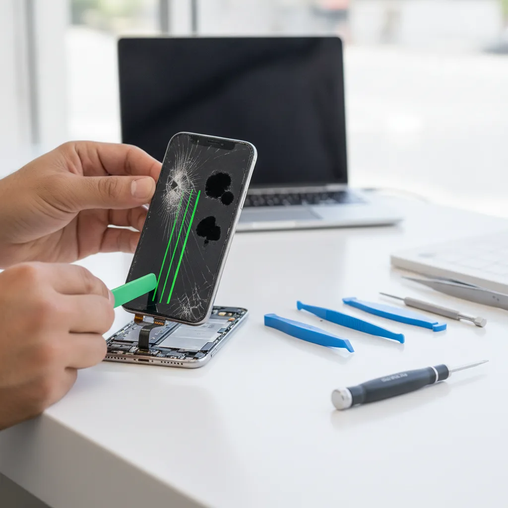 A severely cracked iPhone screen with display issues, like green lines or black spots.