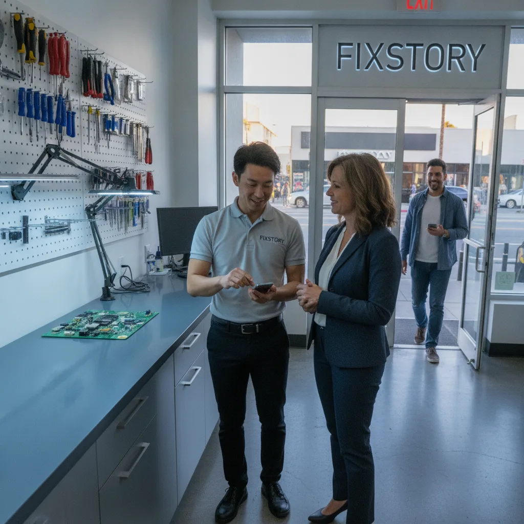 The front of the FIXSTORY shop in DTLA, with a customer happily walking out holding their repaired p