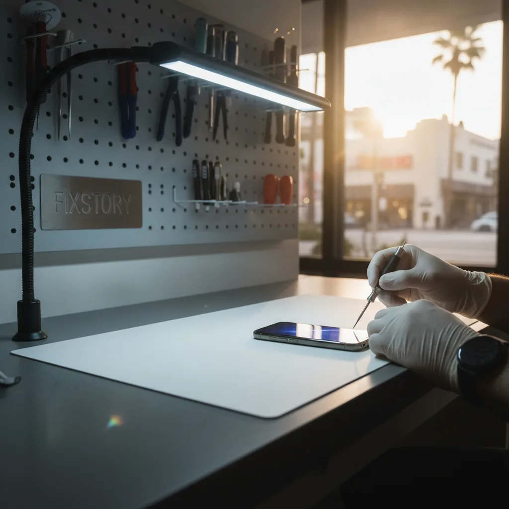 A technician at FIXSTORY carefully working on an open iPhone on a clean workbench.