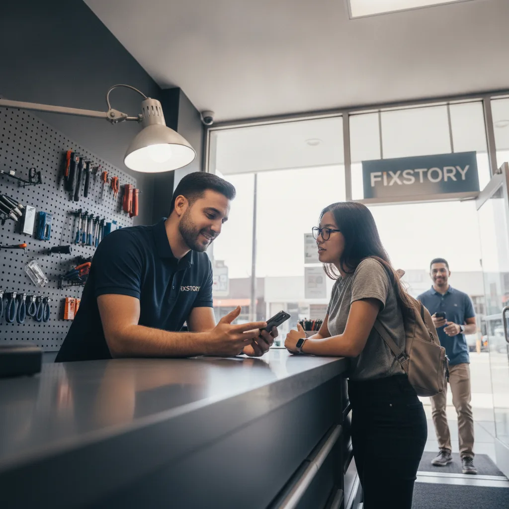 The FIXSTORY storefront in Downtown LA, with a customer happily walking out with a repaired phone.