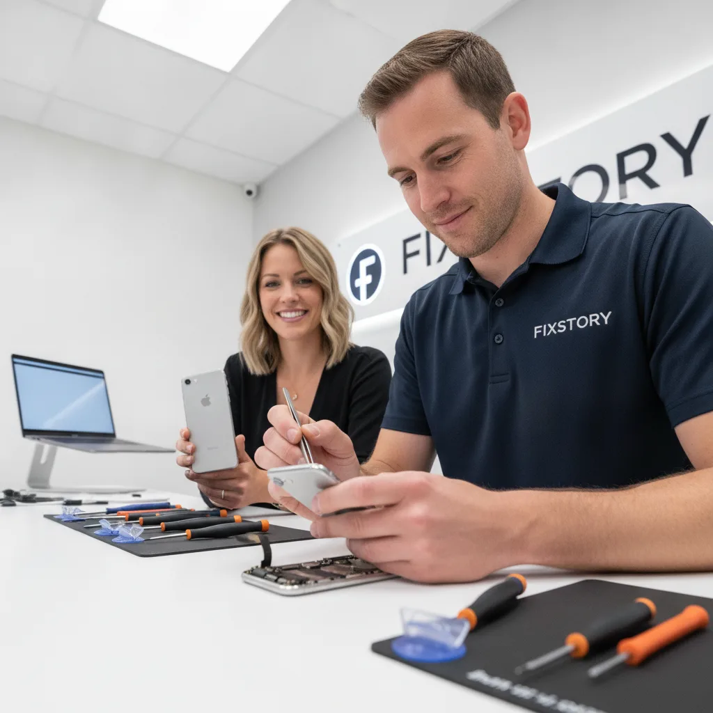The same customer, Sarah, smiling as she holds her perfectly repaired iPhone, with the FIXSTORY logo
