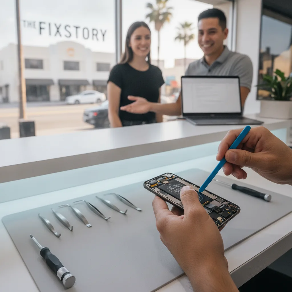 The FIXSTORY storefront in Downtown LA, with a friendly technician greeting a customer at the counte