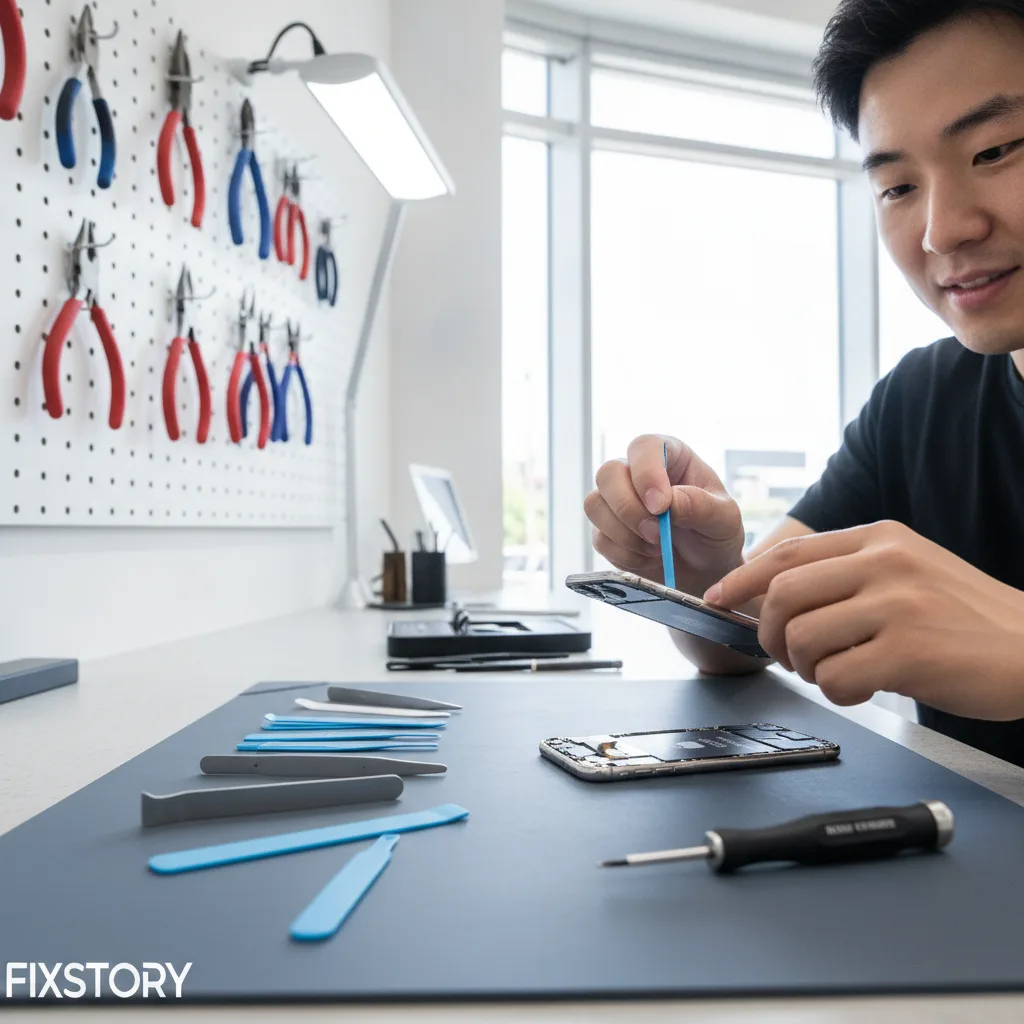 The clean, well-lit interior of the FIXSTORY repair shop with a technician working on an iPhone at t