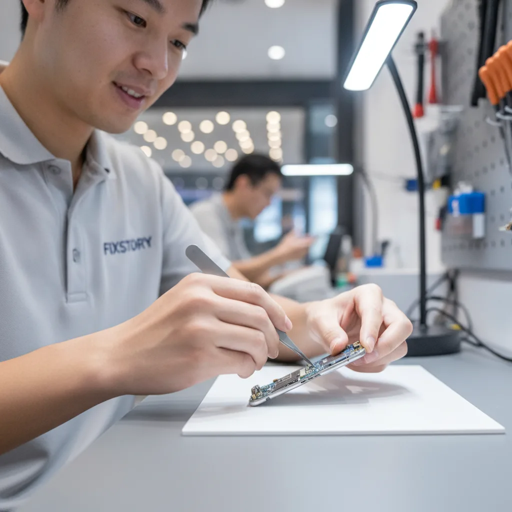 The interior of the FIXSTORY shop, with a technician talking to a customer over the counter. The atm