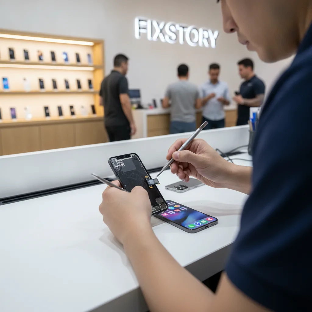 A technician at FIXSTORY carefully working on an open iPhone 14 Pro, using precision tools to transf