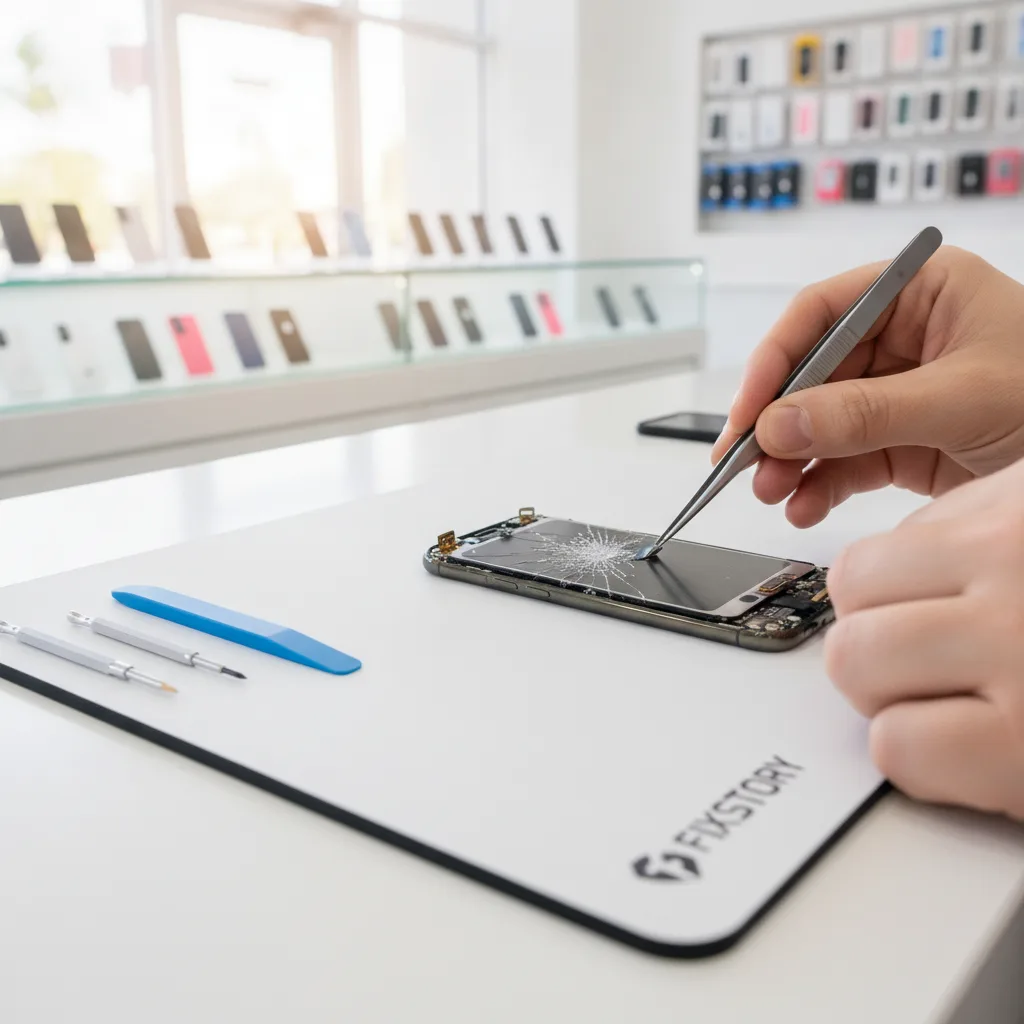 A technician at FIXSTORY carefully replacing an iPhone screen at a well-lit workbench.
