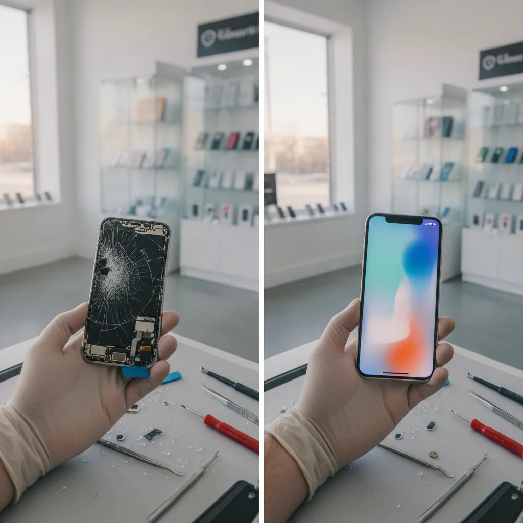 A side-by-side photo showing a badly cracked iPhone screen on the left and a perfectly repaired, glo