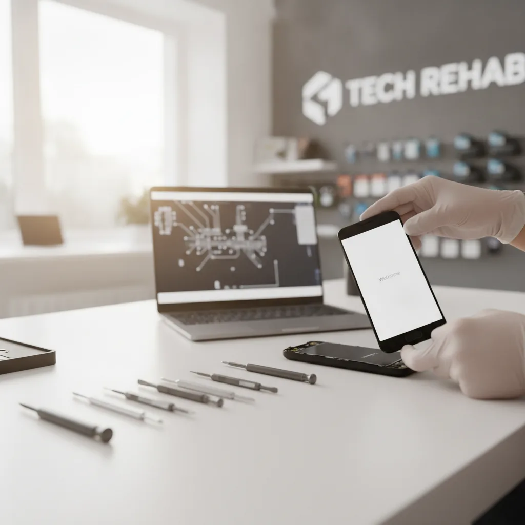 A repair technician's hands carefully placing a new screen onto an iPhone.