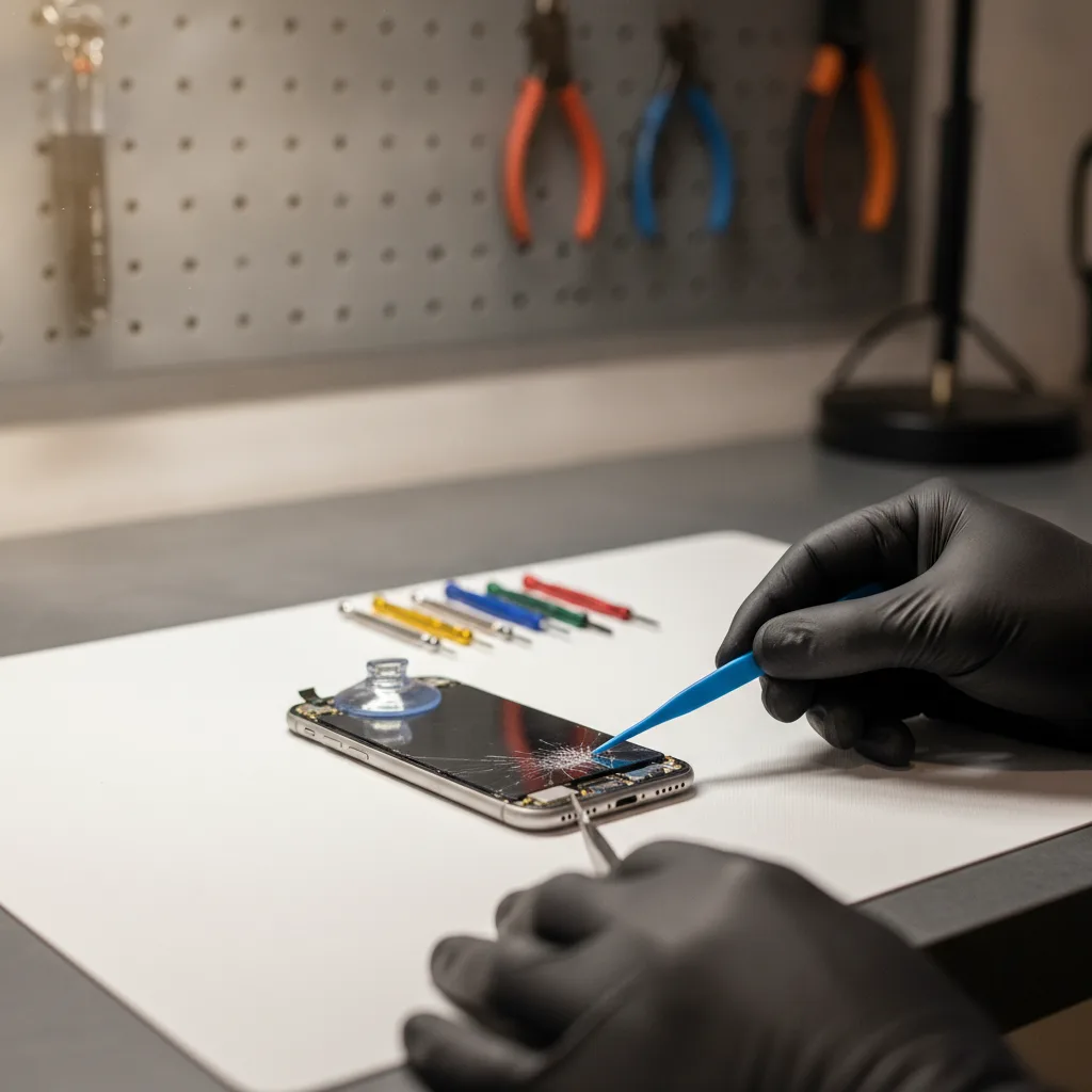 A close-up shot of a technician's hands skillfully replacing an iPhone screen. Tools are visible in 