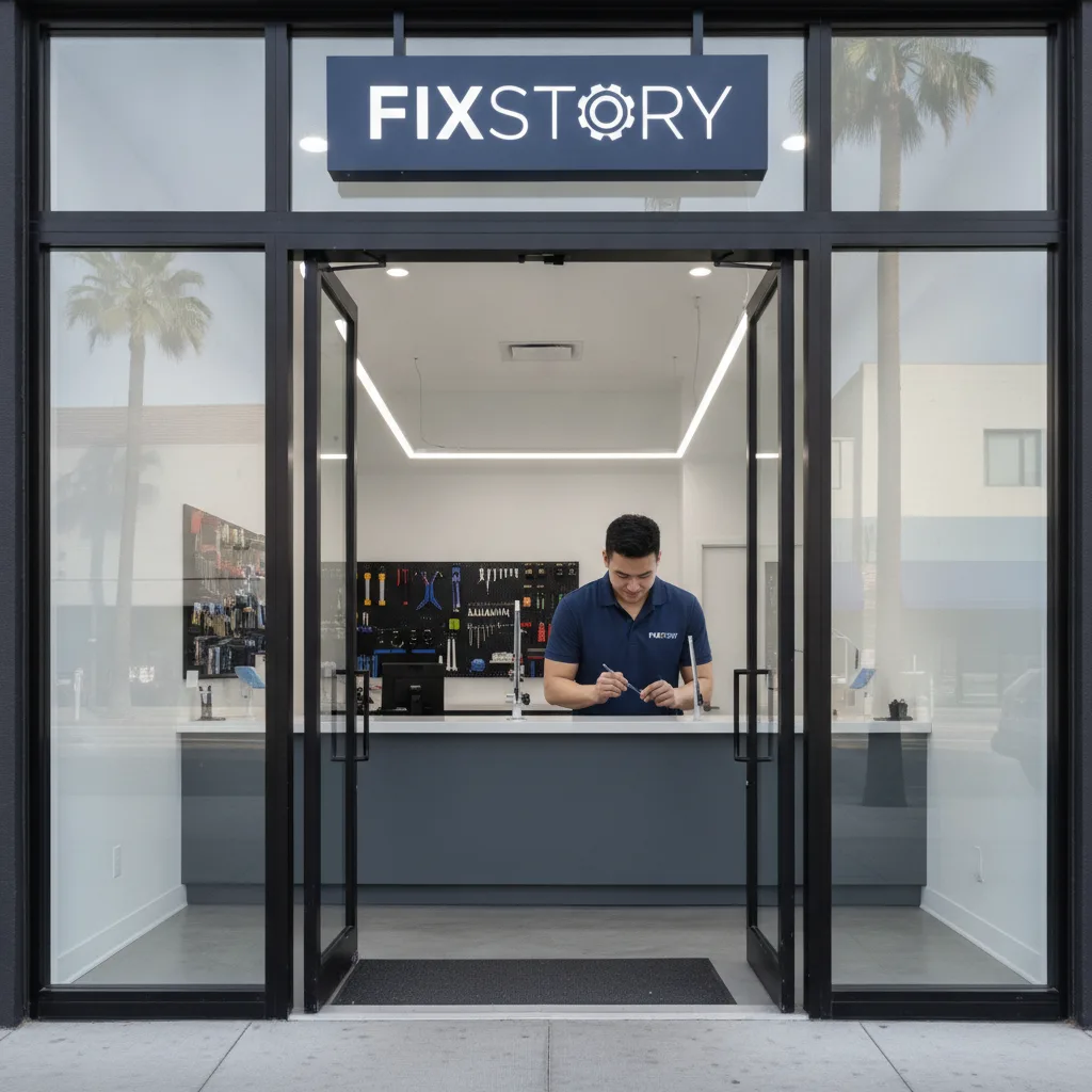 A shot of the FIXSTORY storefront in Downtown LA, with the door open and looking welcoming.