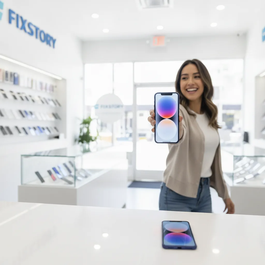 A happy customer leaving the FIXSTORY shop in DTLA, holding their perfectly repaired iPhone.