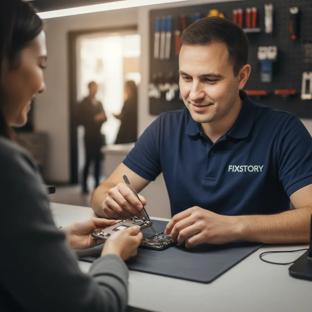 A friendly technician at FIXSTORY handing a perfectly repaired iPhone back to a smiling customer ove