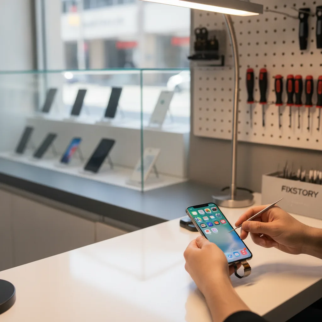 FIXSTORY technician at a workbench, carefully opening an iPhone with professional tools to diagnose 