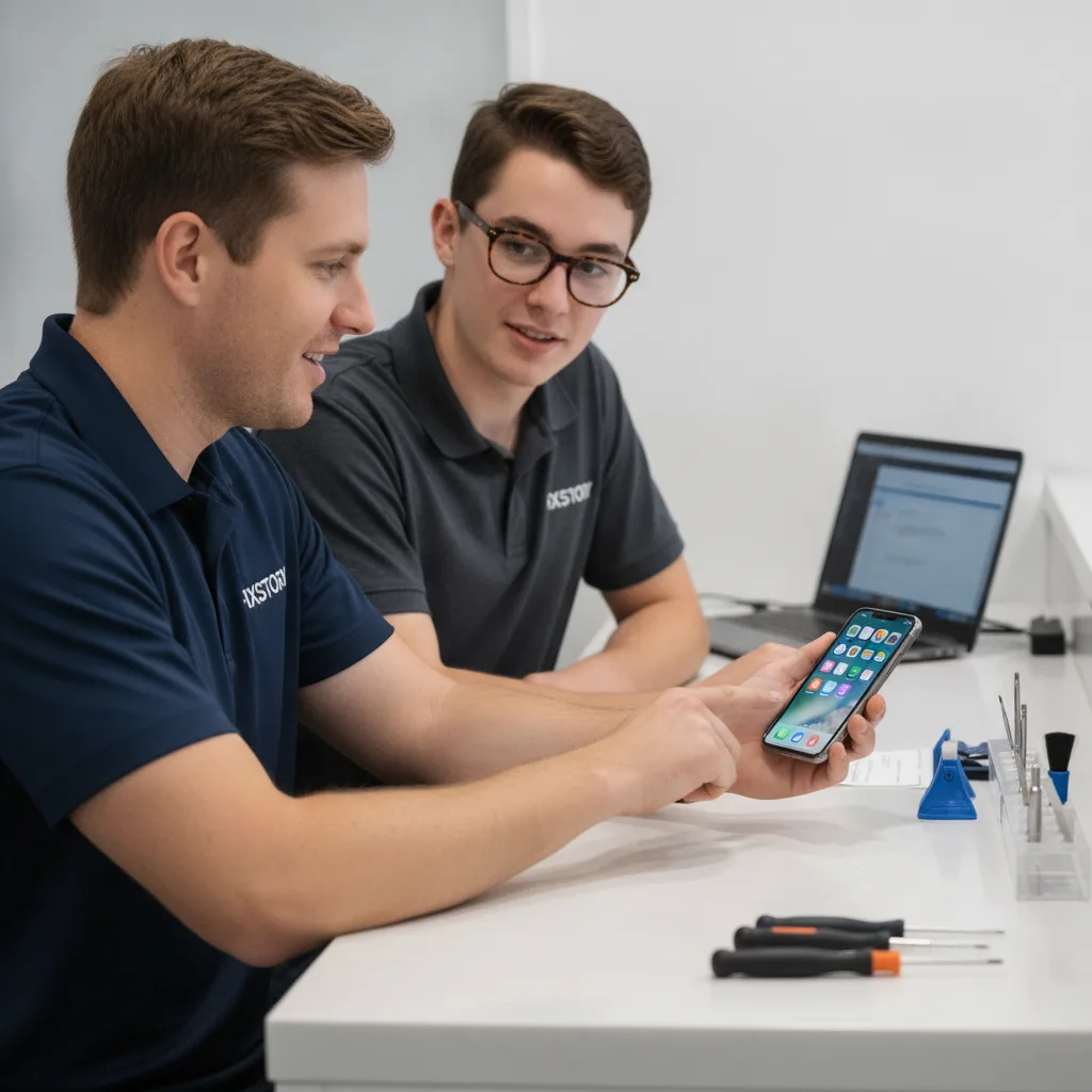 The same person from the first image, now smiling, holding their perfectly working iPhone with the h