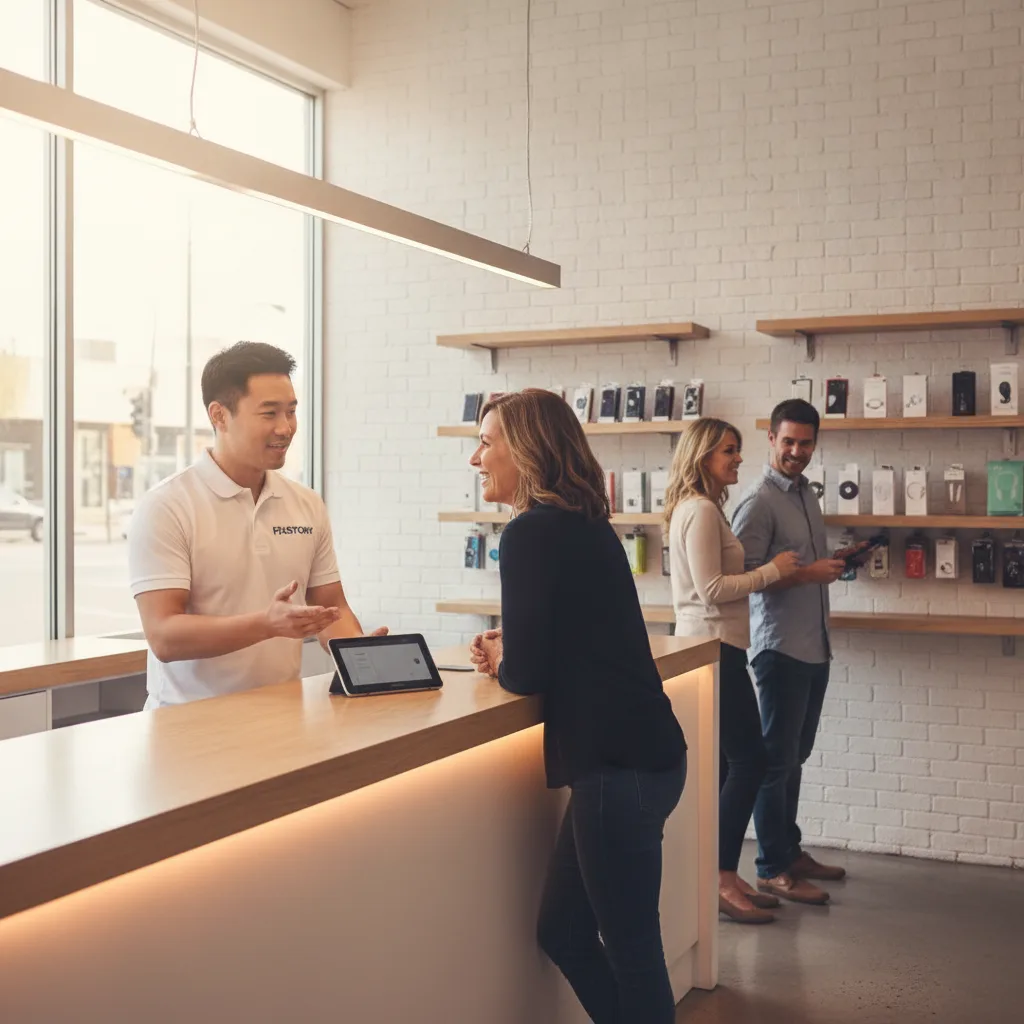 Inside the FIXSTORY shop, a technician is talking to a customer over the counter, explaining somethi