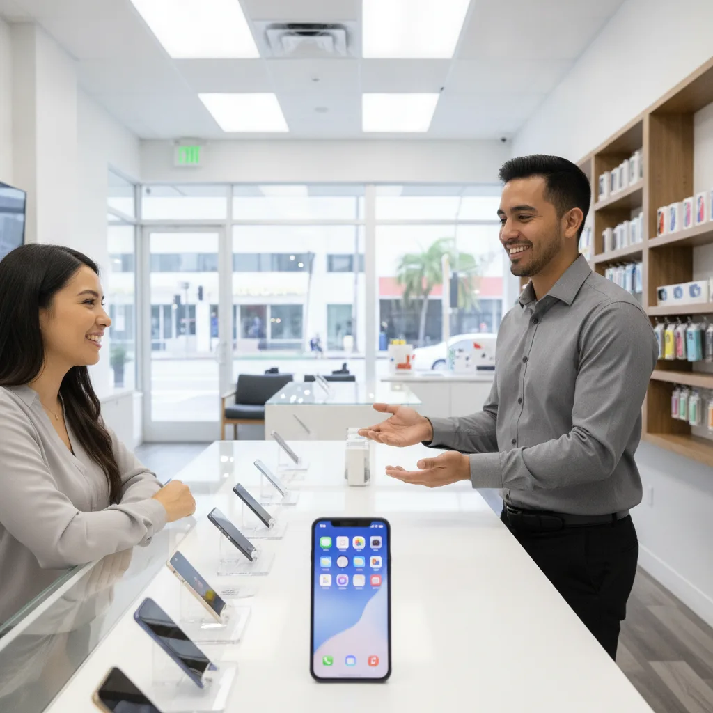 The front counter of FIXSTORY with a friendly technician talking to a customer.