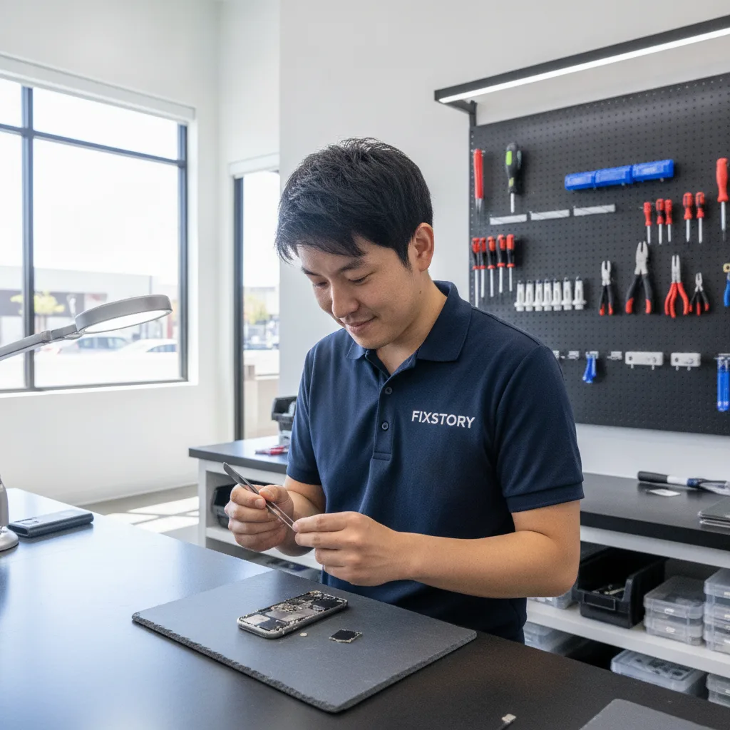 The inside of the FIXSTORY shop, with a technician carefully diagnosing an iPhone on a workbench