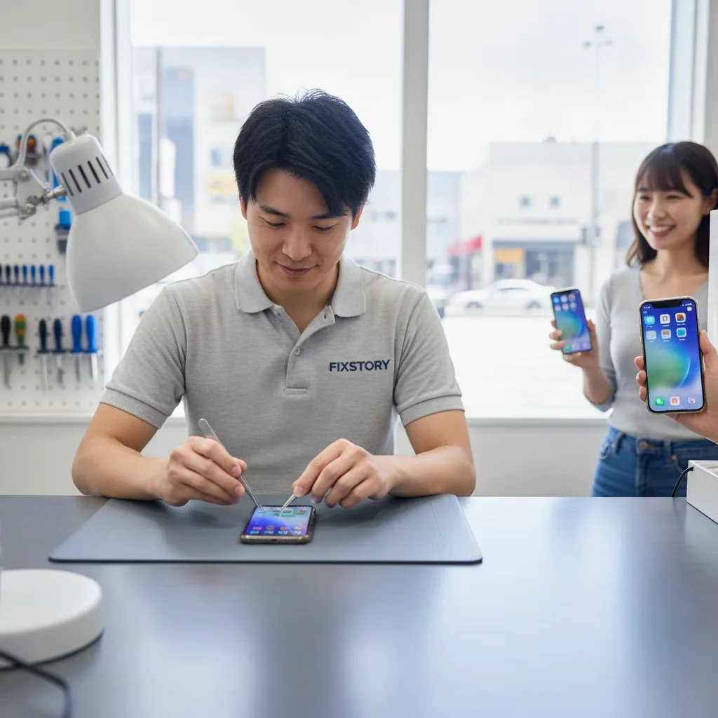 A smiling customer leaving FIXSTORY with their perfectly working iPhone, screen lit up