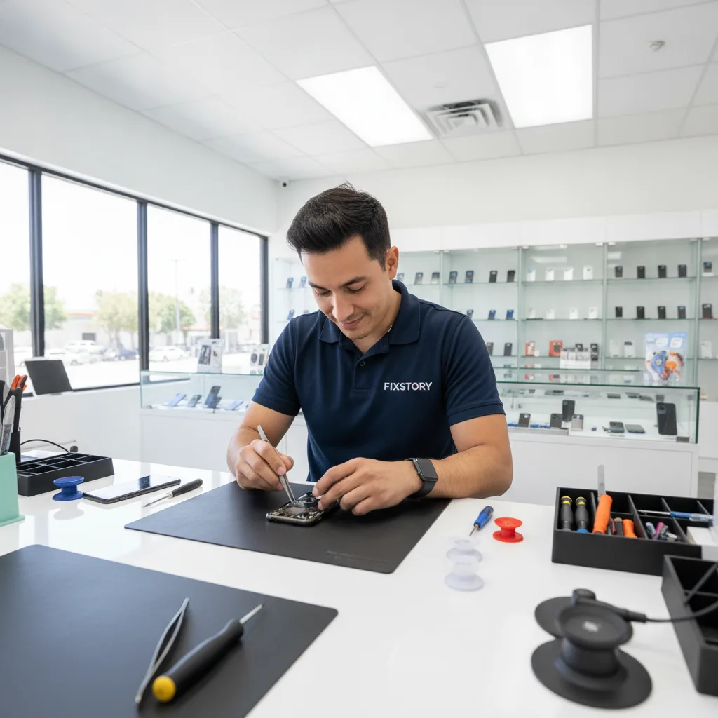 A technician at a FIXSTORY workbench looking closely at an opened iPhone with professional tools aro