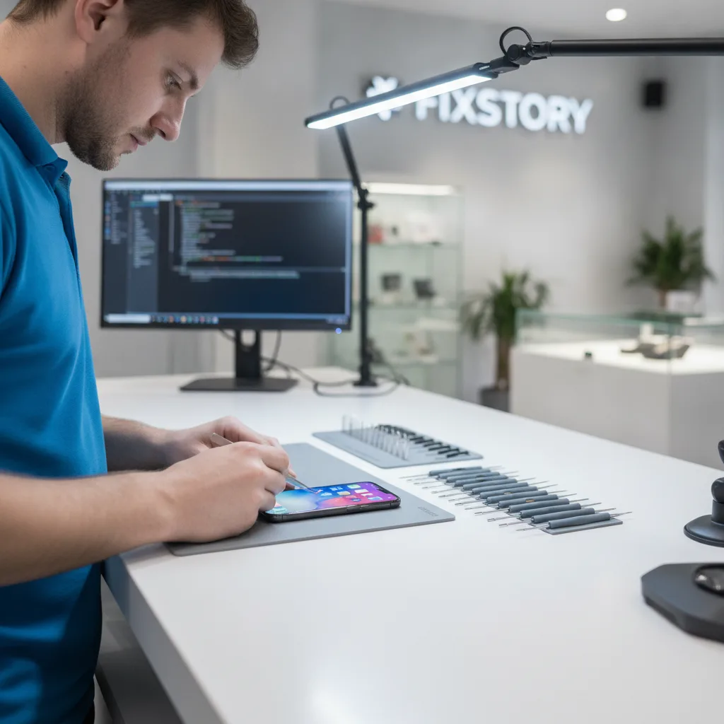 A technician at FIXSTORY in a blue polo shirt carefully examining a broken iPhone screen under a bri