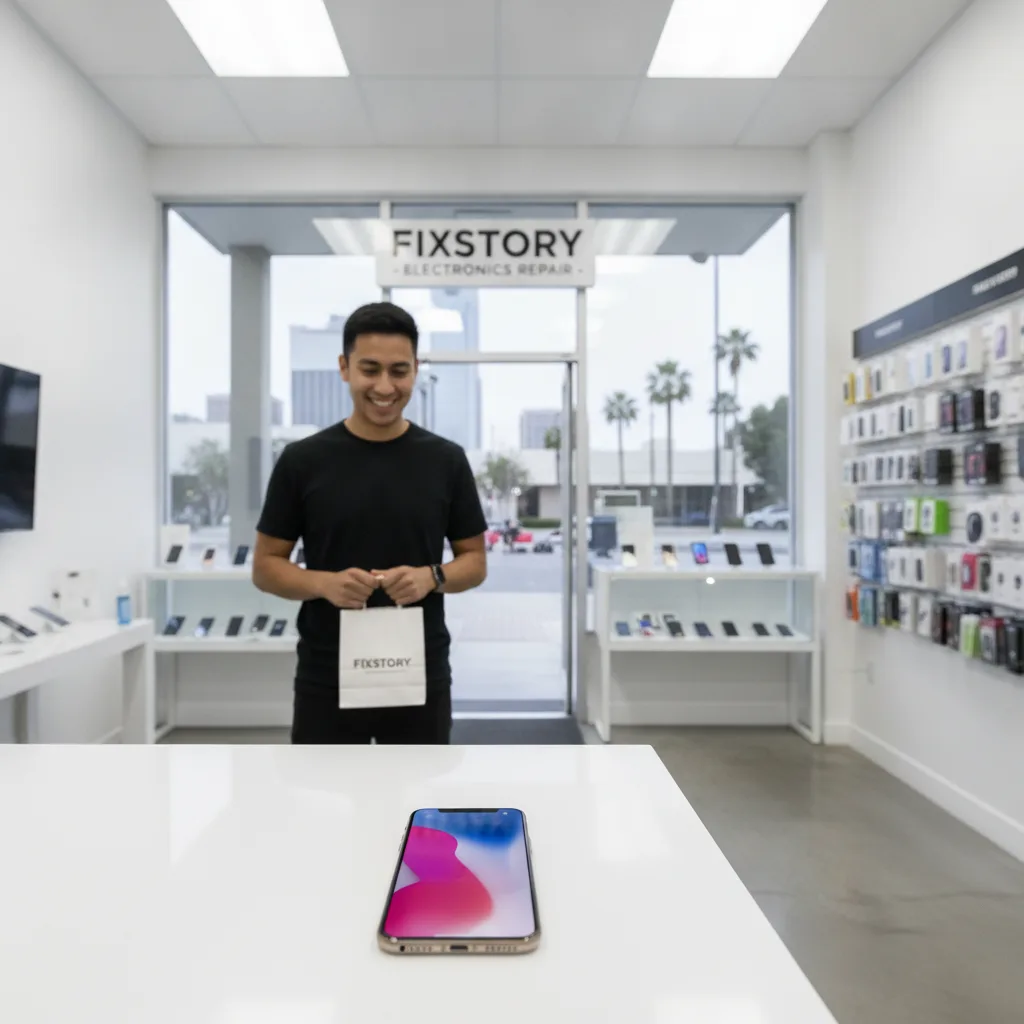 Alex, the customer, smiling as he looks at his perfectly repaired iPhone, standing just outside the 