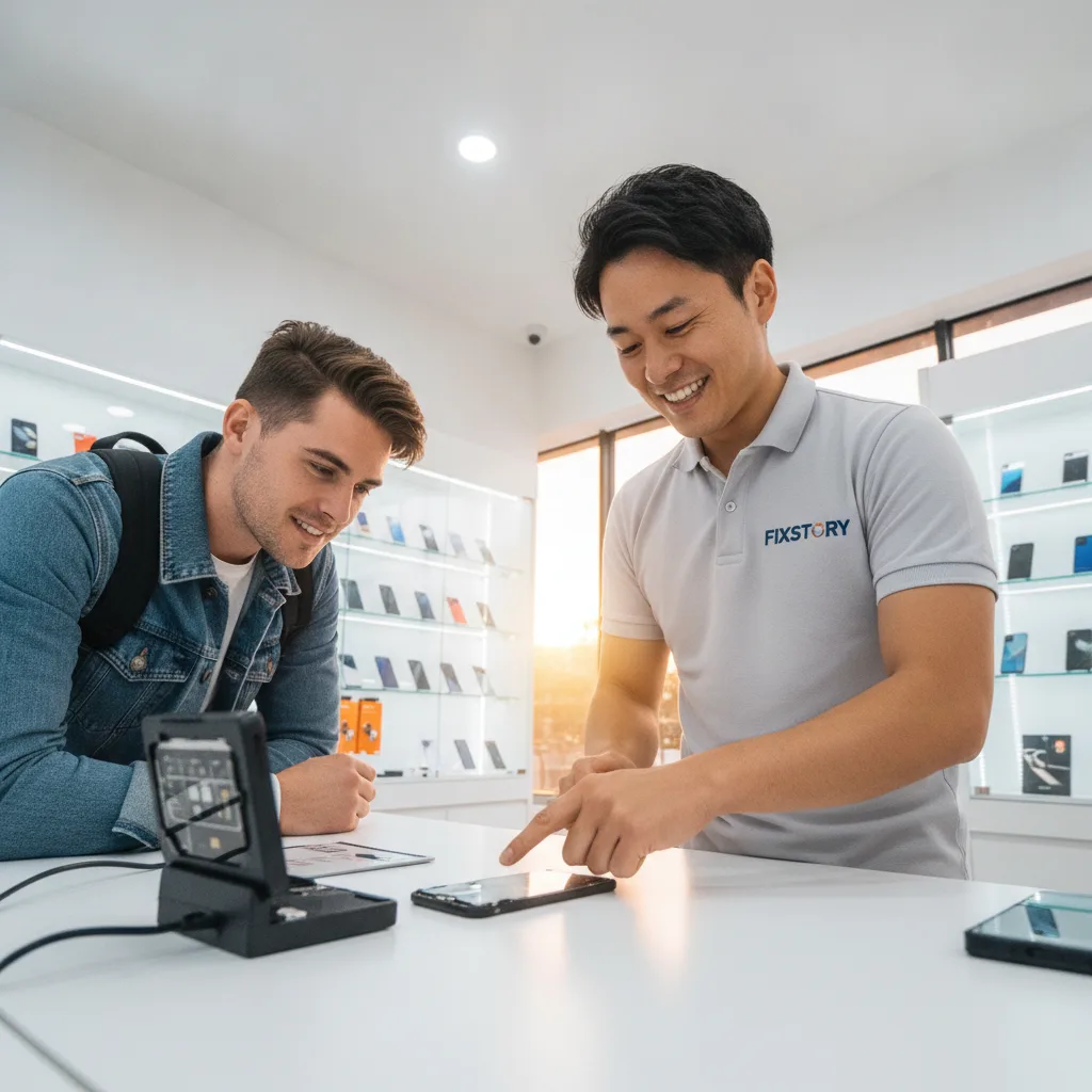 A friendly technician at FIXSTORY talking to a customer over the counter, explaining a repair
