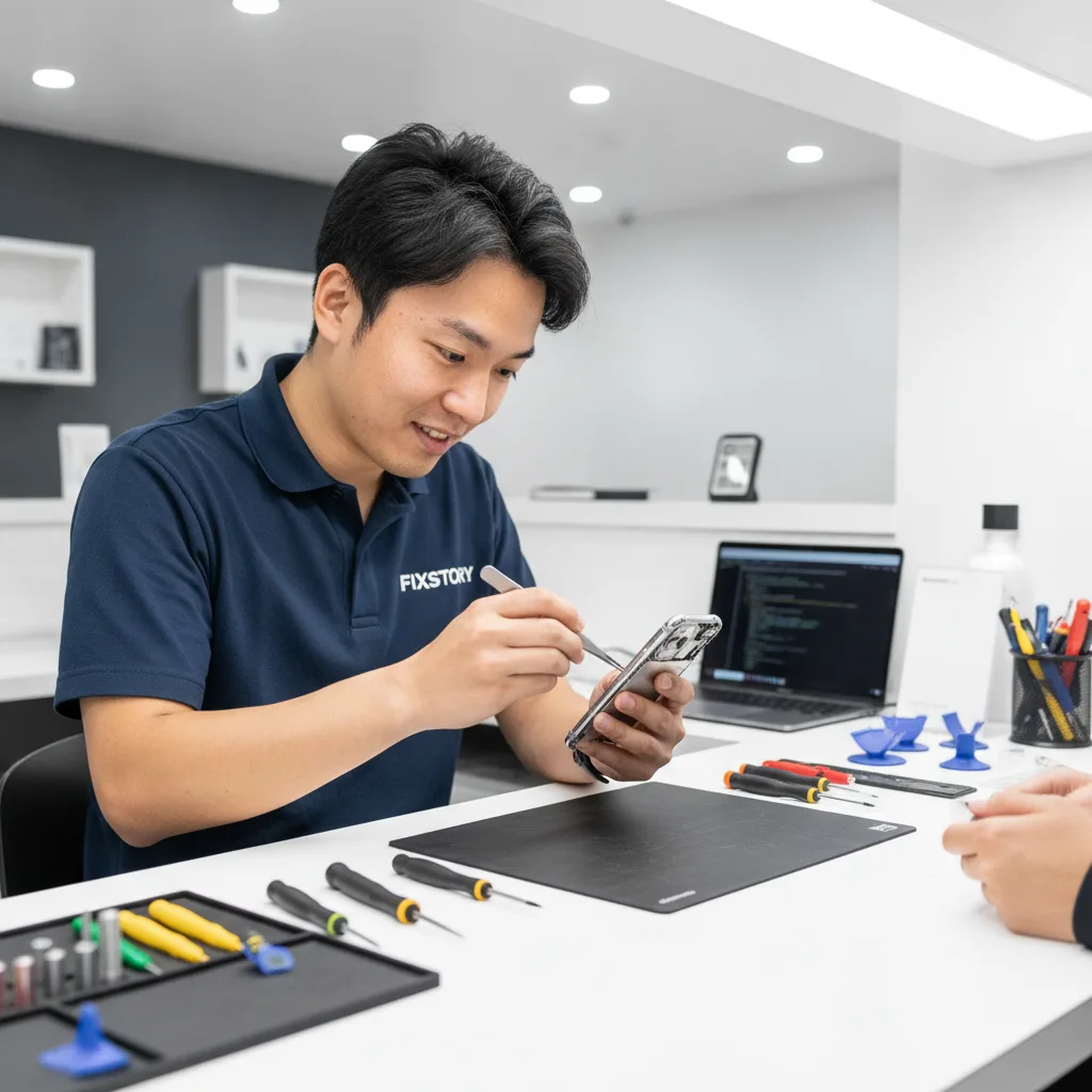 A beautifully repaired iPhone with a new screen, looking brand new, held in a customer's hand