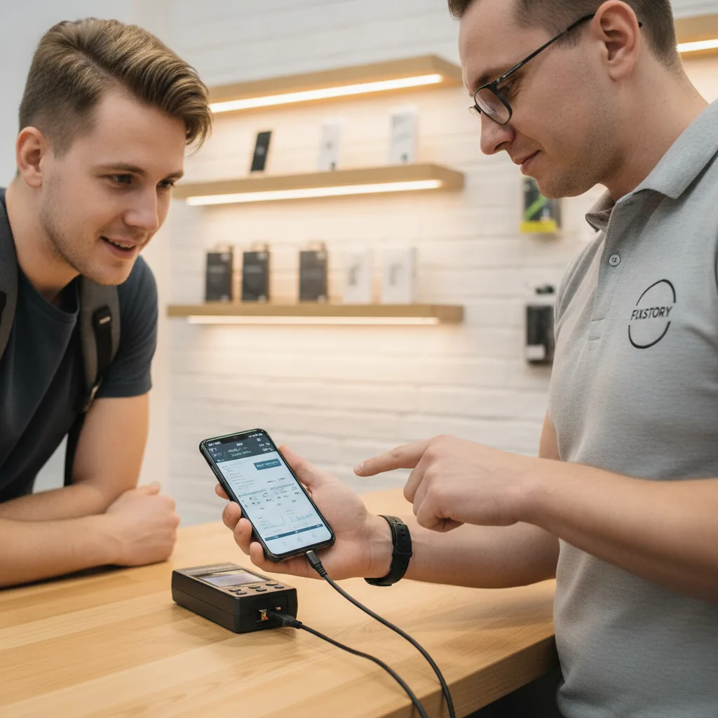 The front counter of FIXSTORY with a customer talking to a technician holding a phone.