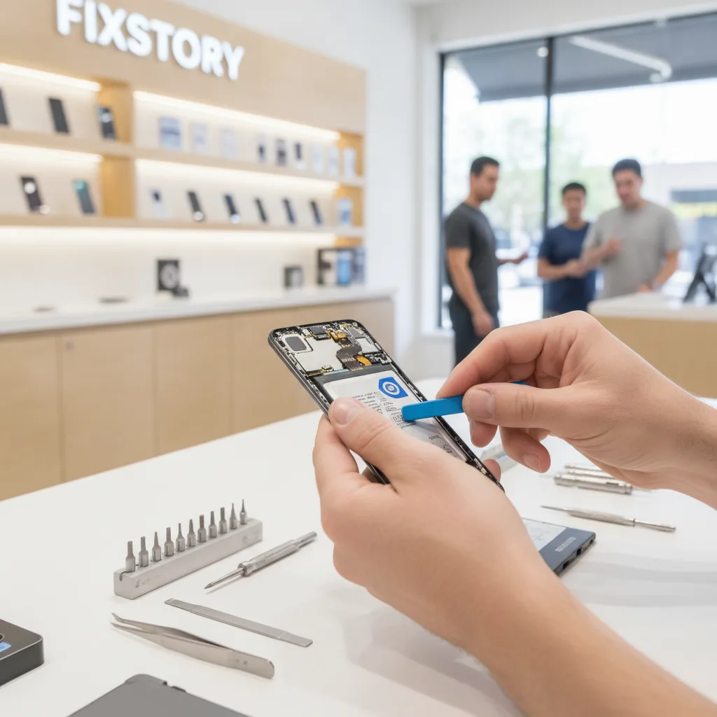 Inside the FIXSTORY shop, a technician's hands are carefully replacing the screen on a Samsung Galax