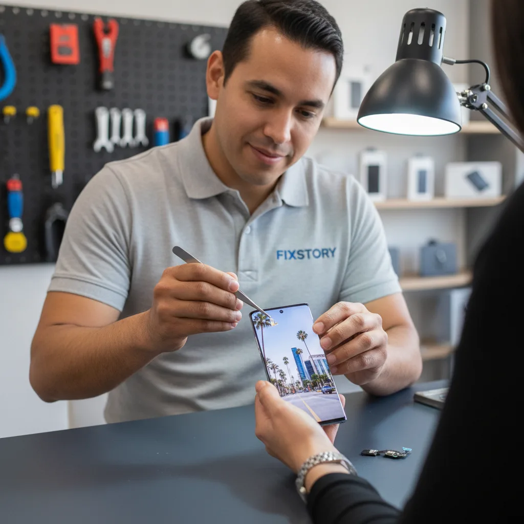 Sofia's hand holding her fully repaired Samsung Galaxy S24 Ultra, screen on and looking perfect, wit