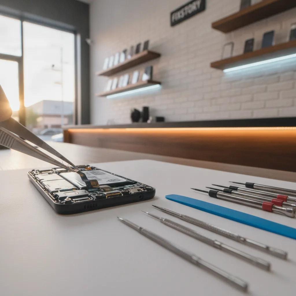 A technician at FIXSTORY carefully working on an open Samsung Galaxy phone on a clean workbench.
