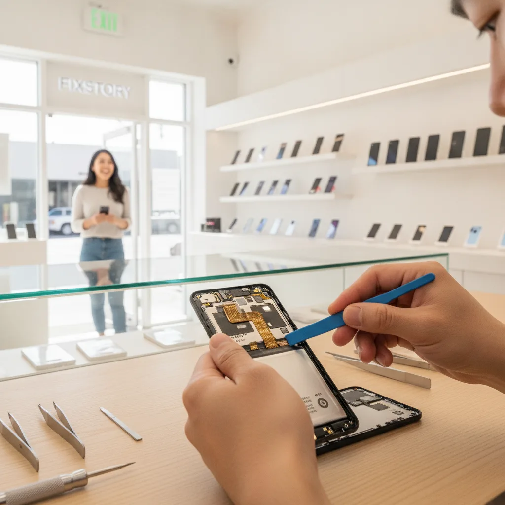 A happy customer leaving the FIXSTORY shop with their perfectly repaired Samsung phone.