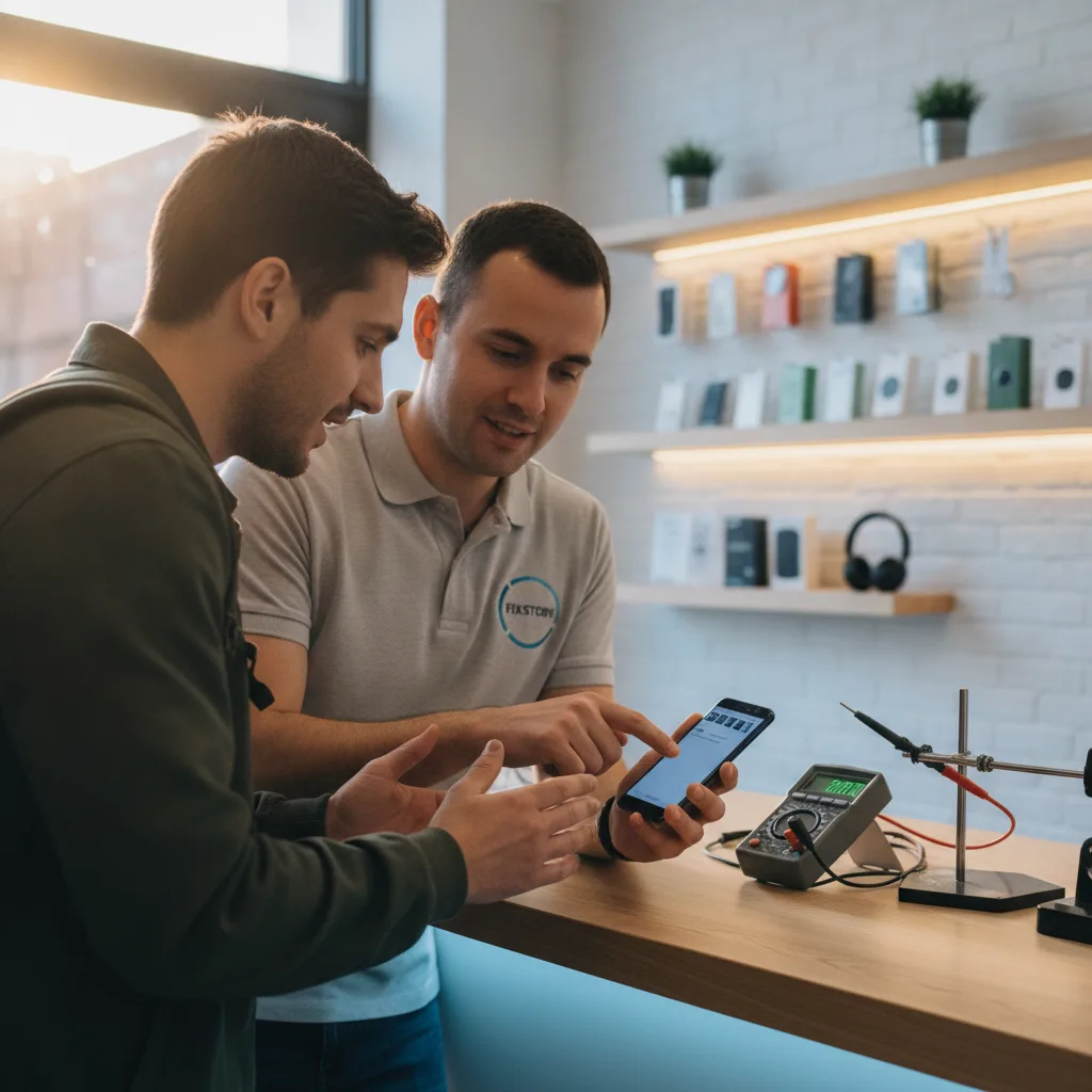 A friendly technician at the FIXSTORY counter handing a perfectly repaired Samsung phone back to a h