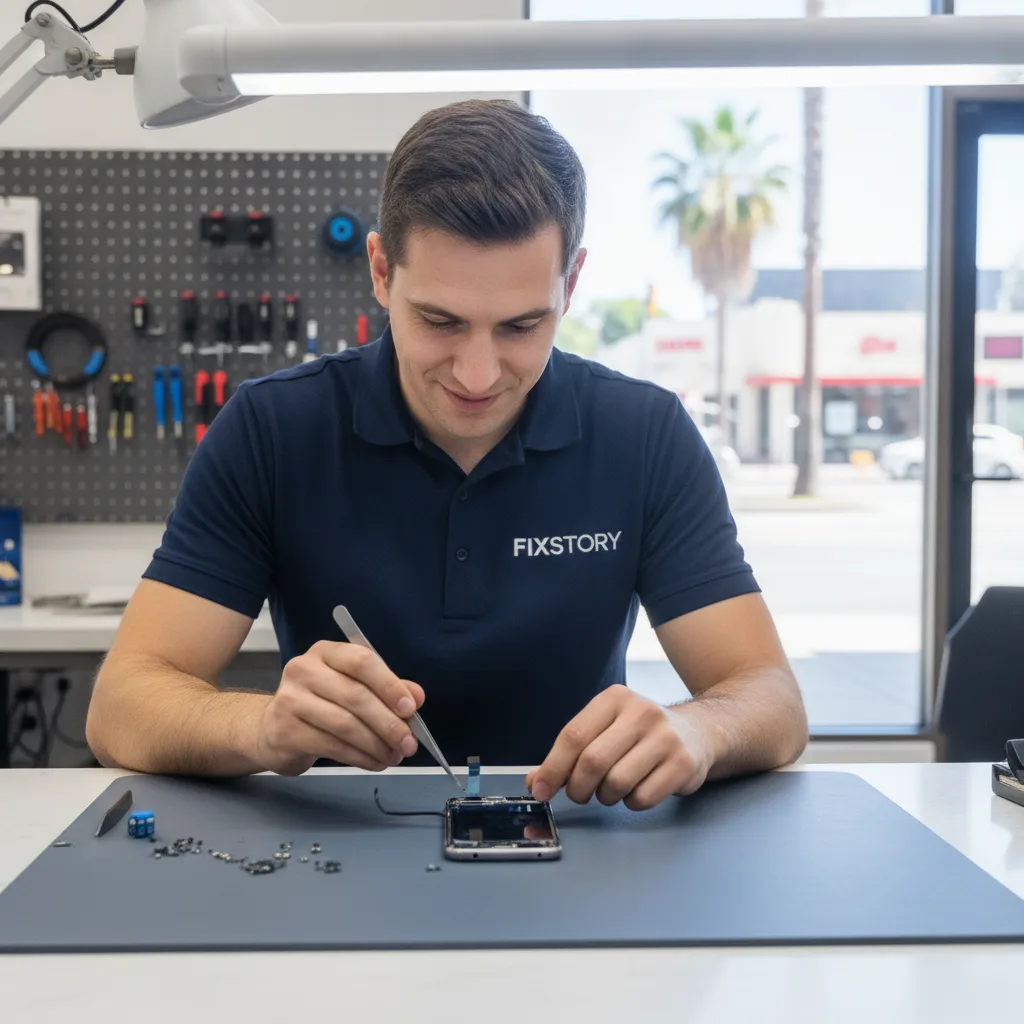 A close-up, detailed shot of a technician carefully fitting a new screen onto a Samsung phone.