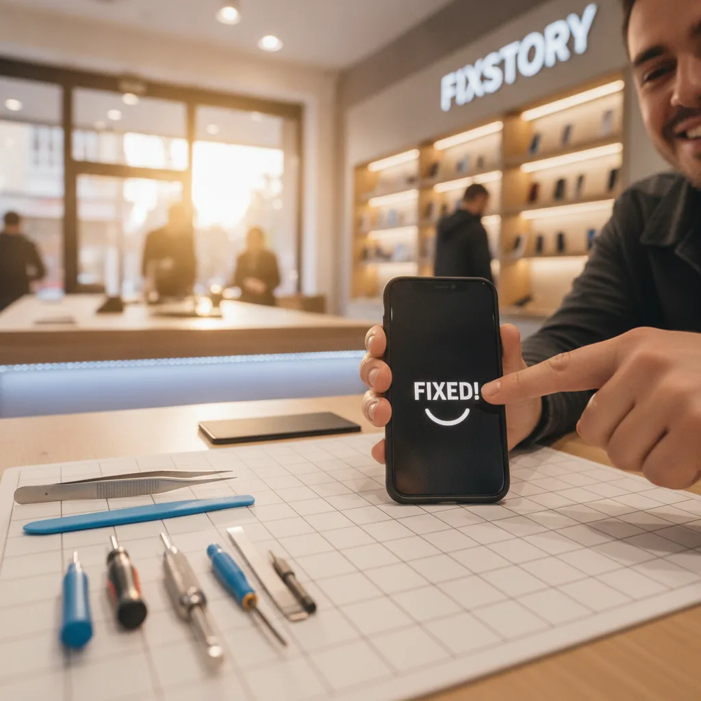A smiling customer receiving their repaired phone over the counter at FIXSTORY, looking relieved.