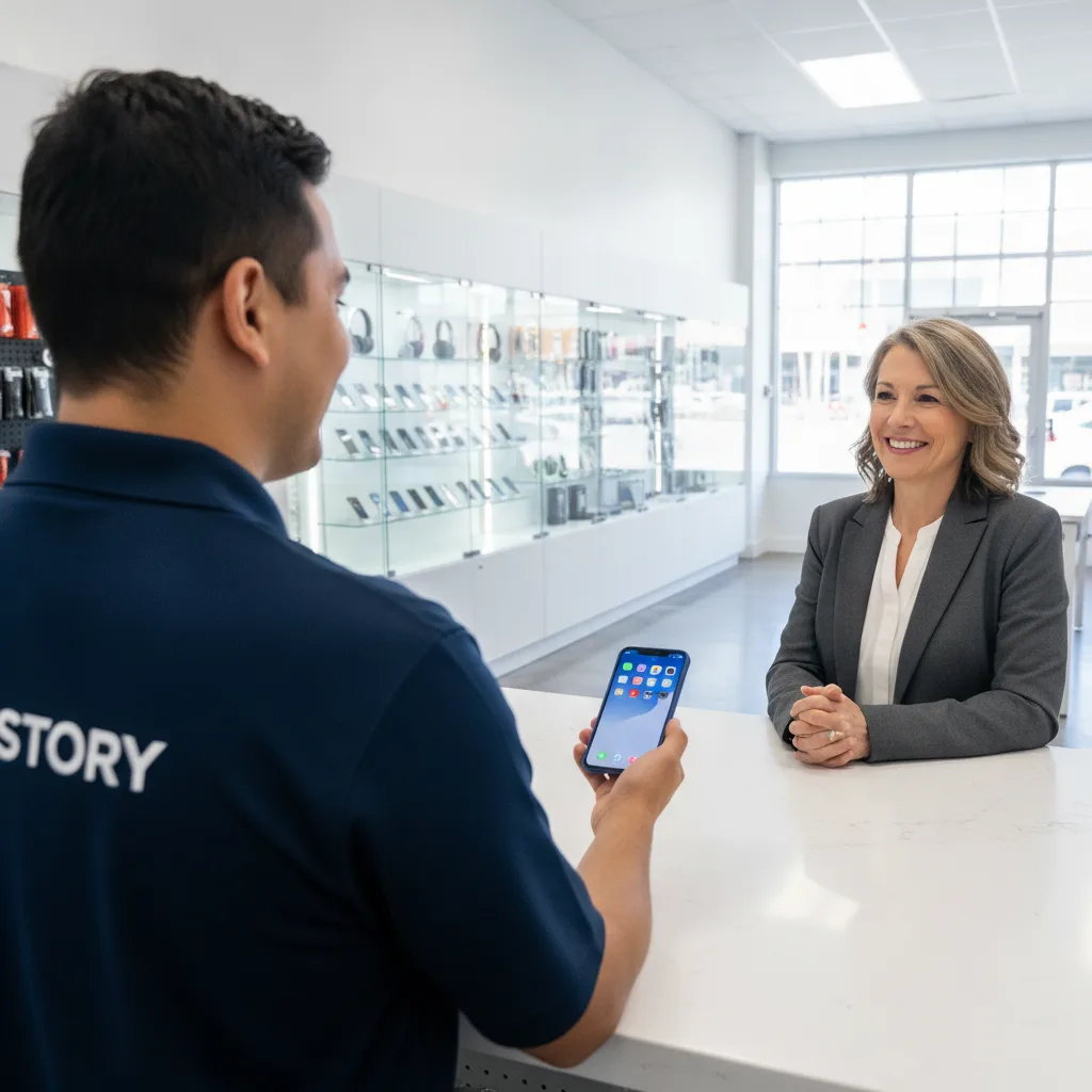 A happy customer smiling and talking to a friendly FIXSTORY technician over the counter, holding the