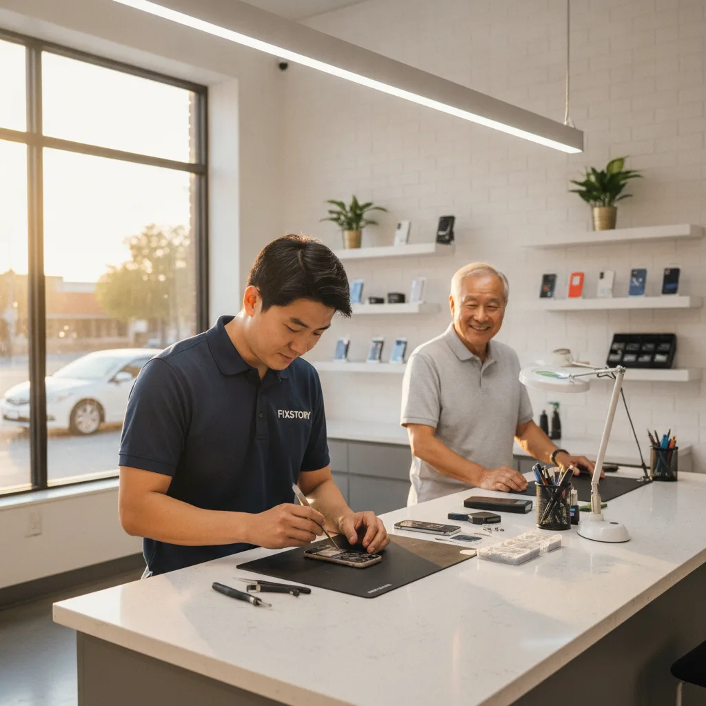 Inside the FIXSTORY shop, a technician is examining an open iPhone with precision tools.