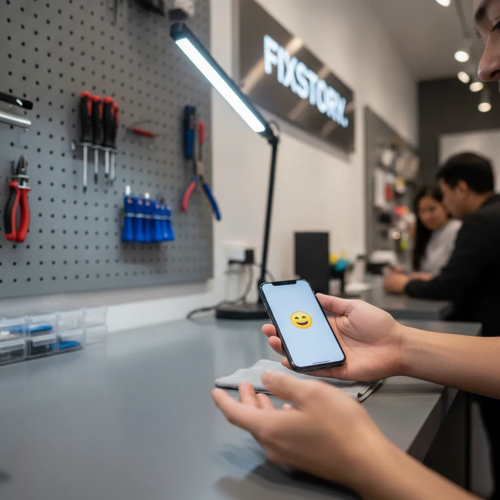 A smiling customer receiving their repaired, like-new iPhone over the counter at FIXSTORY.