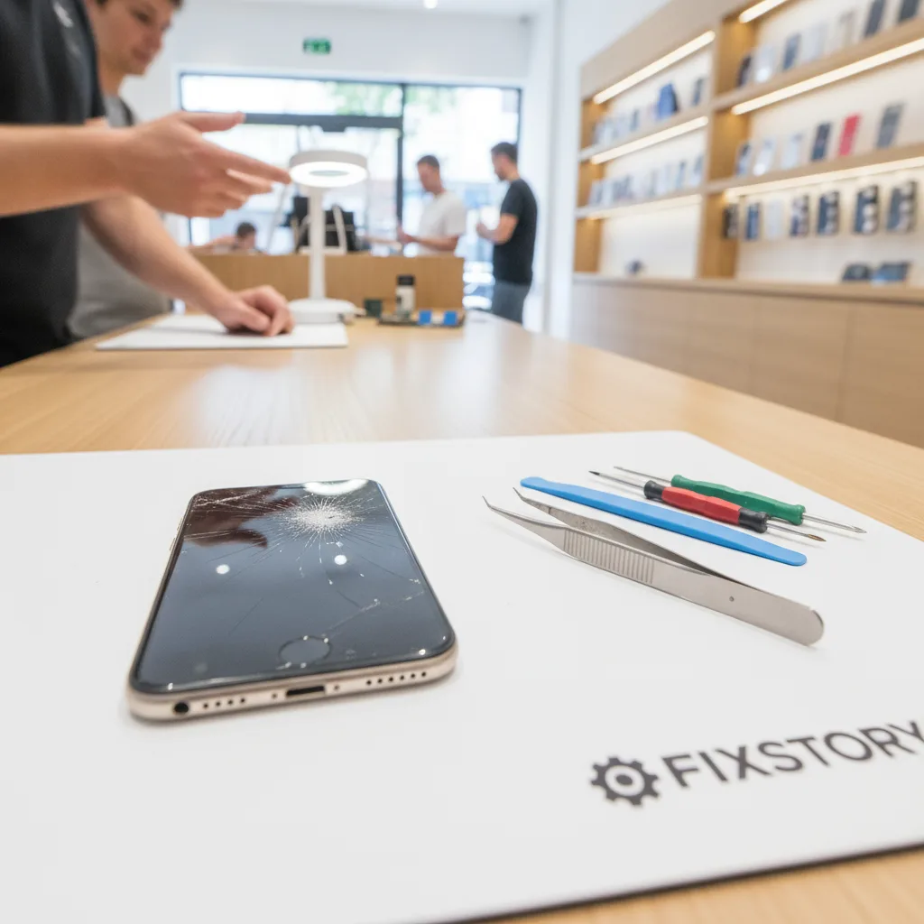 A customer at the FIXSTORY counter talking to a technician who is examining a cracked iPhone screen.