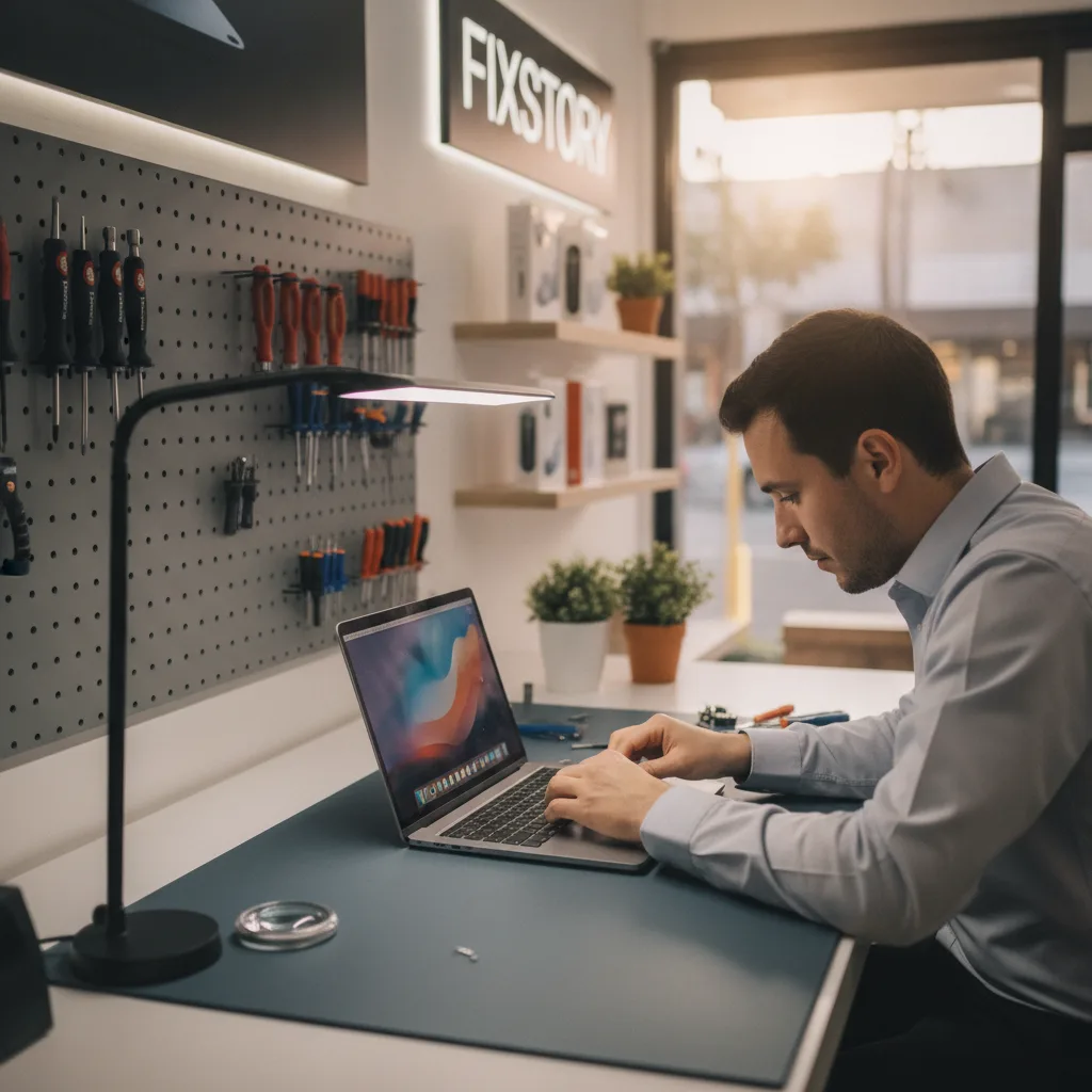 The interior of the FIXSTORY shop, with a technician at a workbench carefully working on the interna