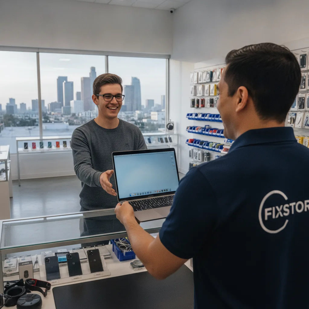 A smiling customer receiving their repaired MacBook over the counter at FIXSTORY, with the DTLA skyl