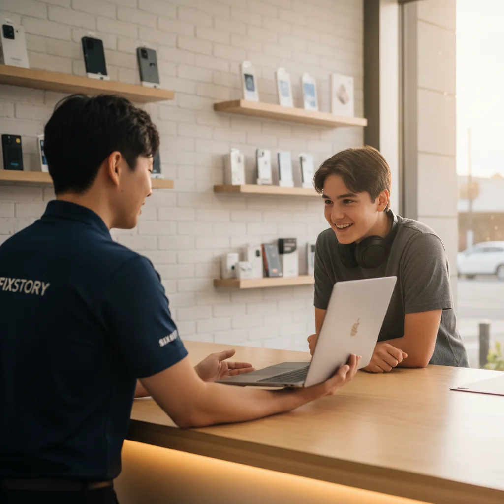A smiling customer, Alex, receiving his repaired MacBook Pro over the counter from a friendly FIXSTO