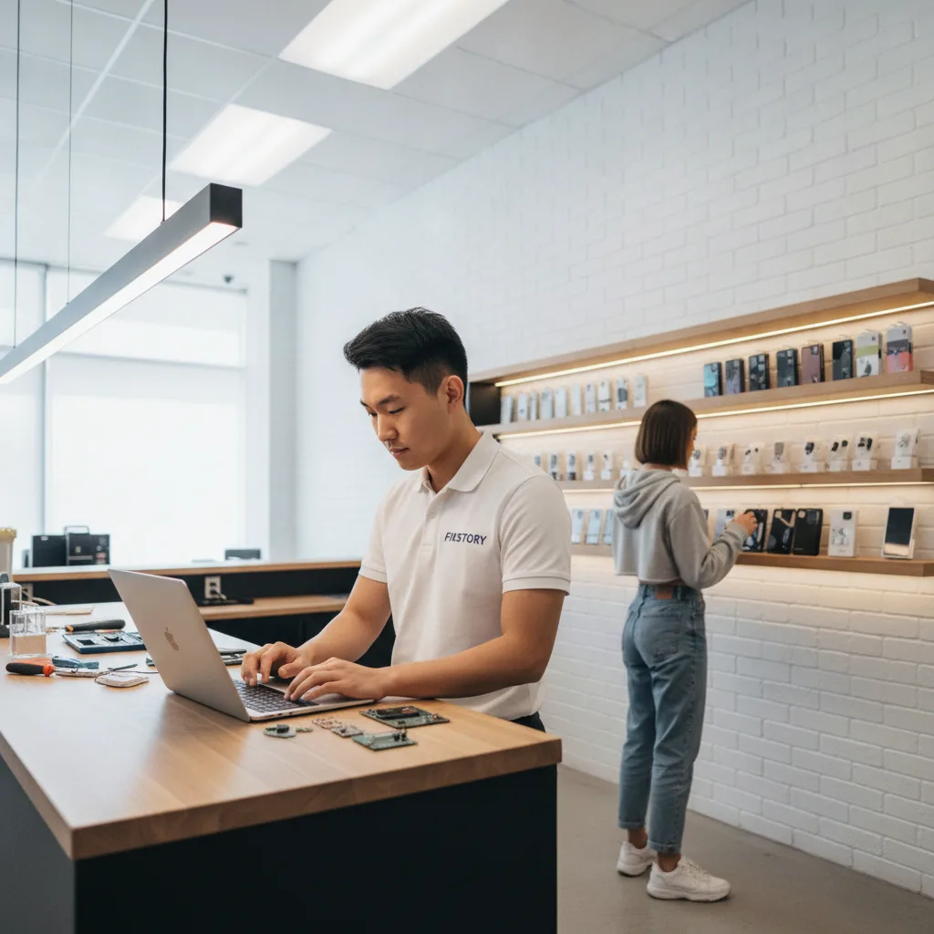 The interior of the FIXSTORY shop, with a technician working on an open MacBook on a workbench