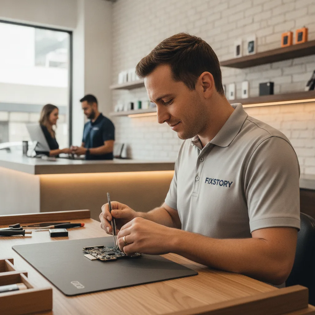 Interior of the FIXSTORY shop in DTLA, clean and well-lit, with a technician talking to a customer o